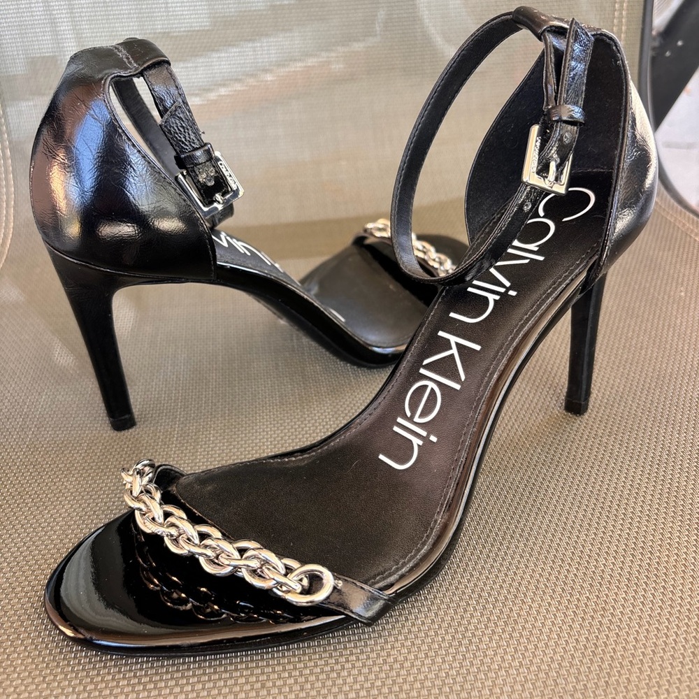 Calvin Klein Black Heels with Silver Chain Accent